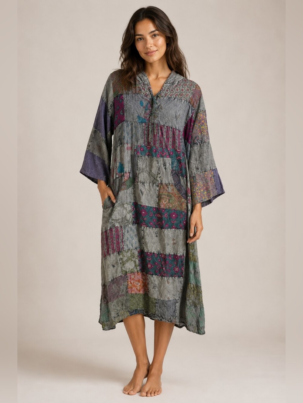 Earthbound Patchwork Maxi Dress in Gray with Jewel Tones Quilted Sz Small
